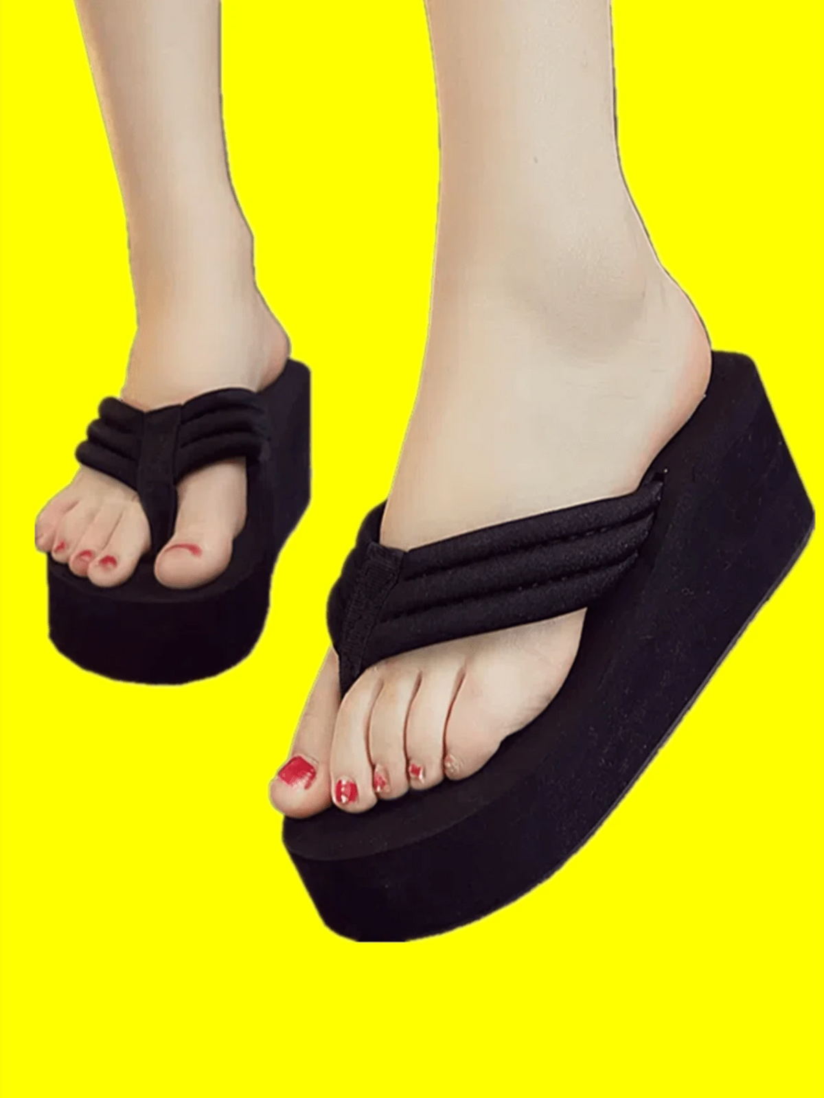 Women's Black Flip-Flops, Elevated Thick-Soled Wedge Slippers, Thick-Soled Pure Black Slippers, Fashionable And Versatile Ladies' Slippers