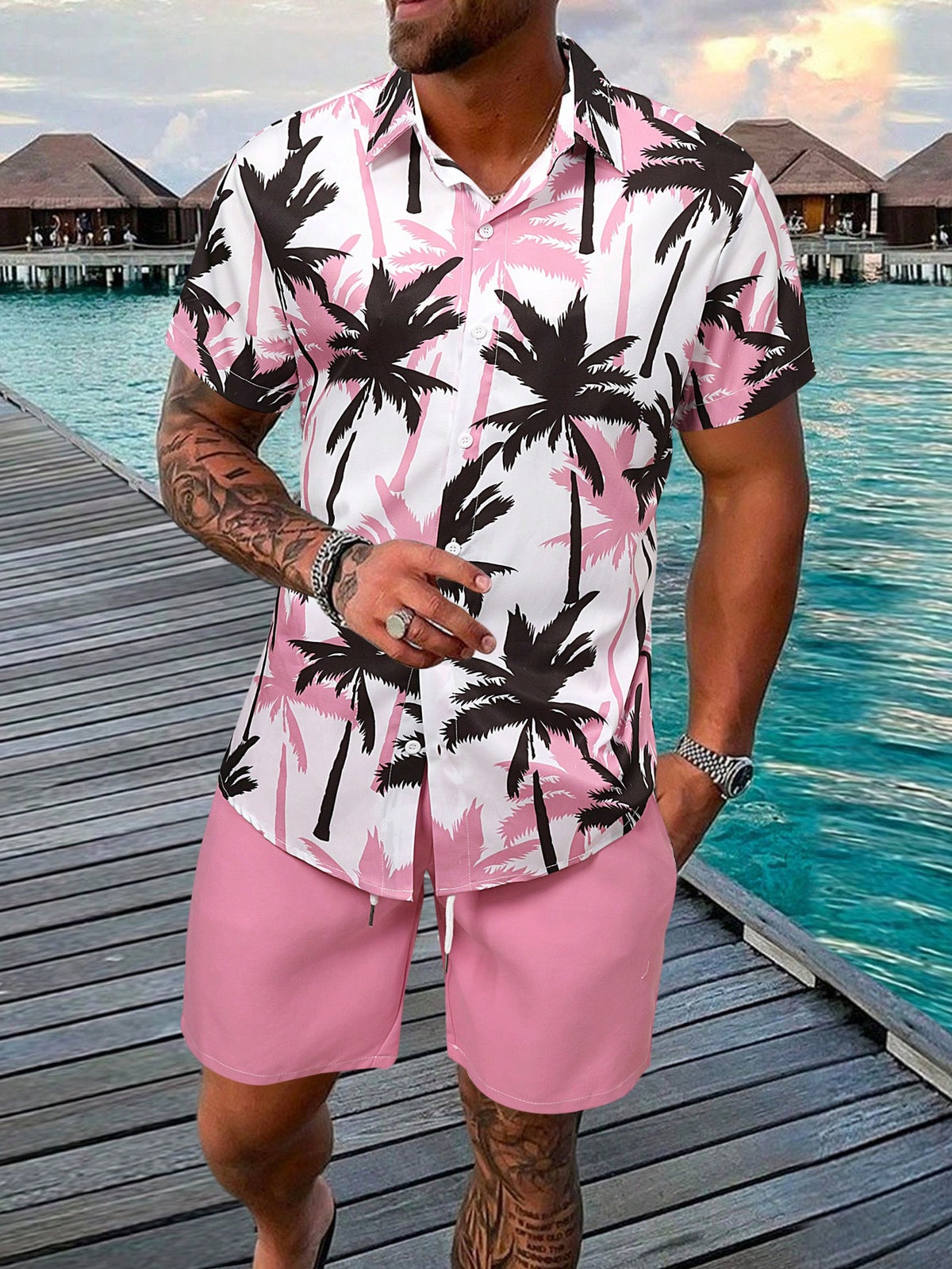 Manfinity RSRT Men's Summer Vacation Palm Tree Printed Short Sleeve Shirt And Shorts Casual Outfit