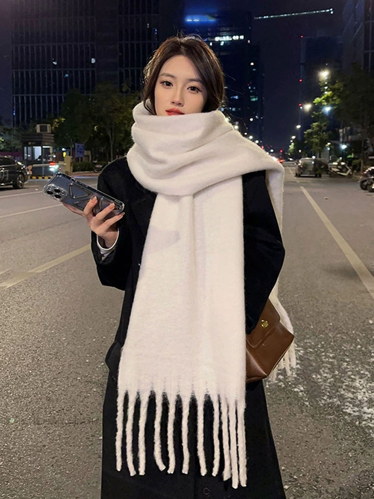 1pc Solid color scarf, winter warm neck, thickened wool knitted thick fringed shawl, can be worn