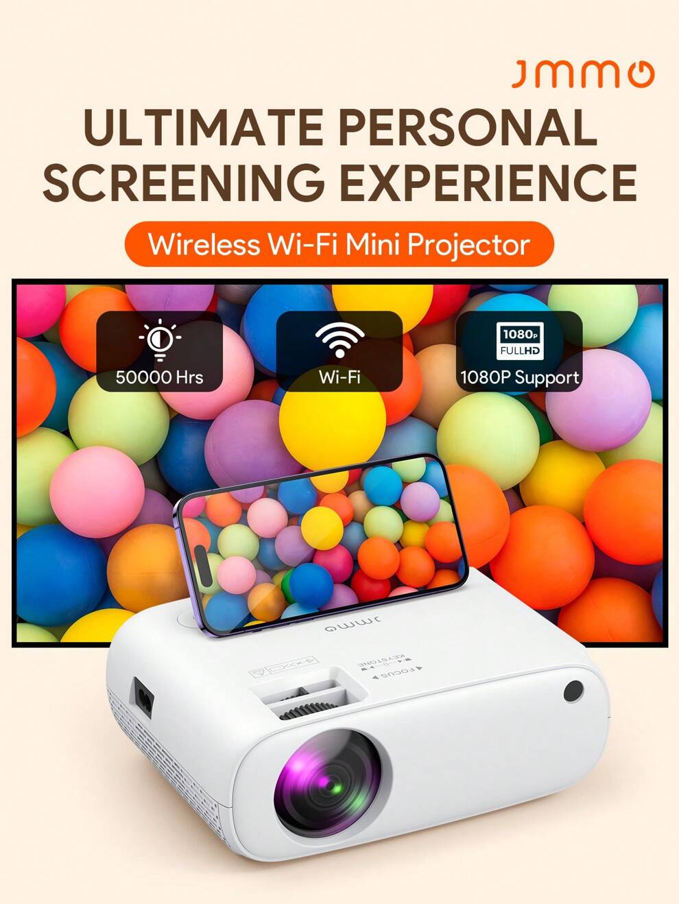 JMMO Projector,Wireless Wi-Fi Projector,Portable Projector With Full HD 1080P,Movie Projector Compatible With IOS/Android Phone/Tablet/Laptop/PC/USB Drive/DVD For Outdoor,Home,Meeting,Portable Project