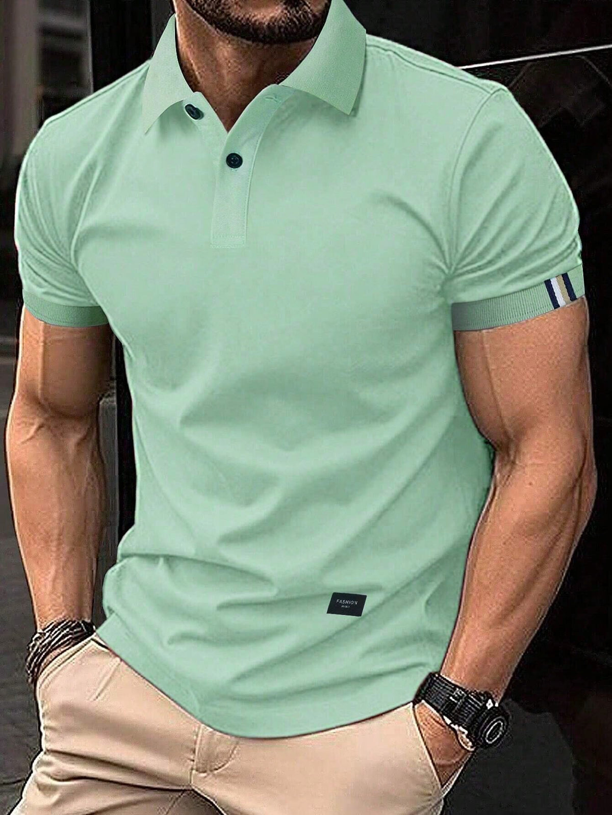 Manfinity Homme Men Plus Size Patched Detail Polo Shirt Plain Mint Green Golf Casual Polo Shirt