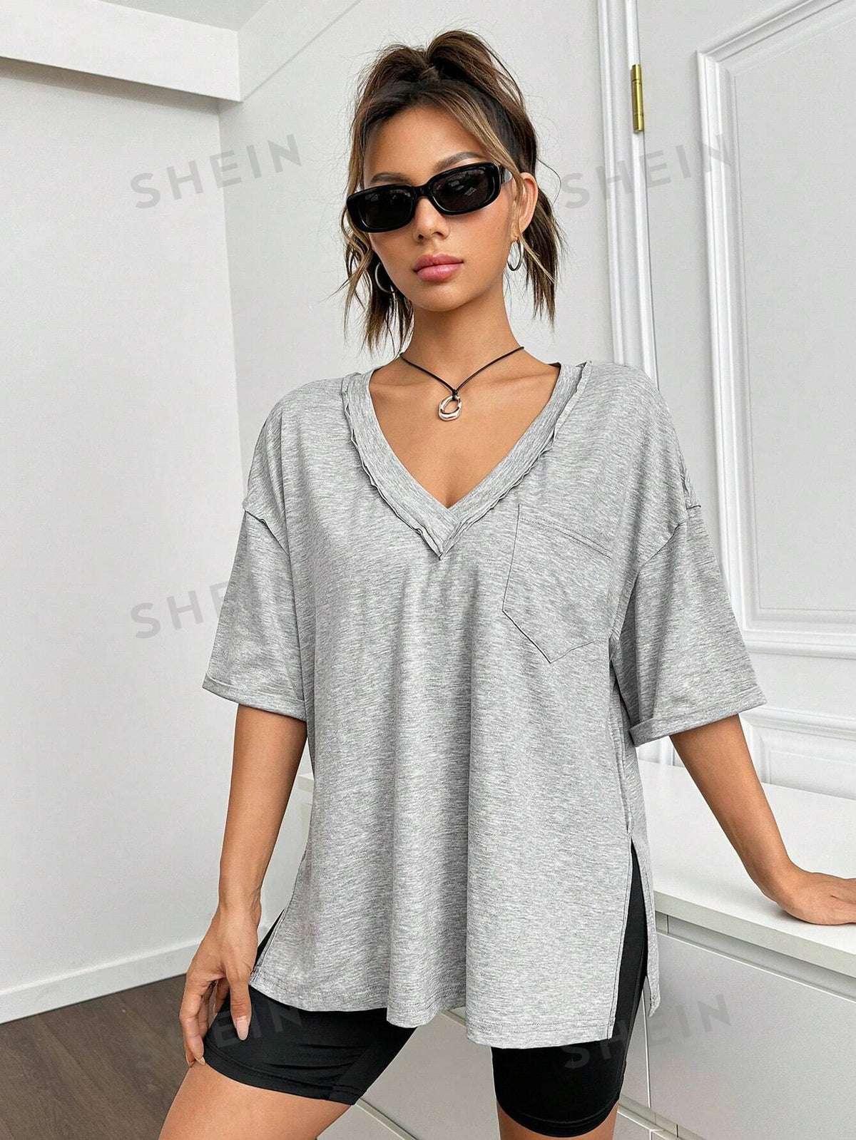 SHEIN EZwear Navy Blue Knitted Women's Casual Fit V-Neck T-Shirt With Drop Shoulders For Summer