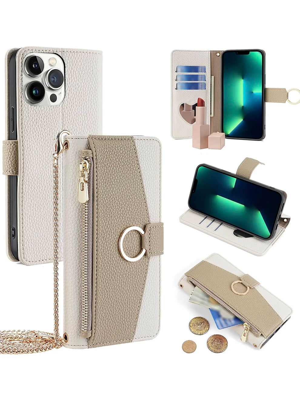 1pc White Metal Chain Shoulder Zipper Wallet With Makeup Mirror, Anti-Fall Phone Case With Card Slot, Compatible With Sense4/Apple 13 Promax/Samsung A53/Huawei P20lite/Xiaomi Poco X3 GT/Redmi 9C/ Pixe