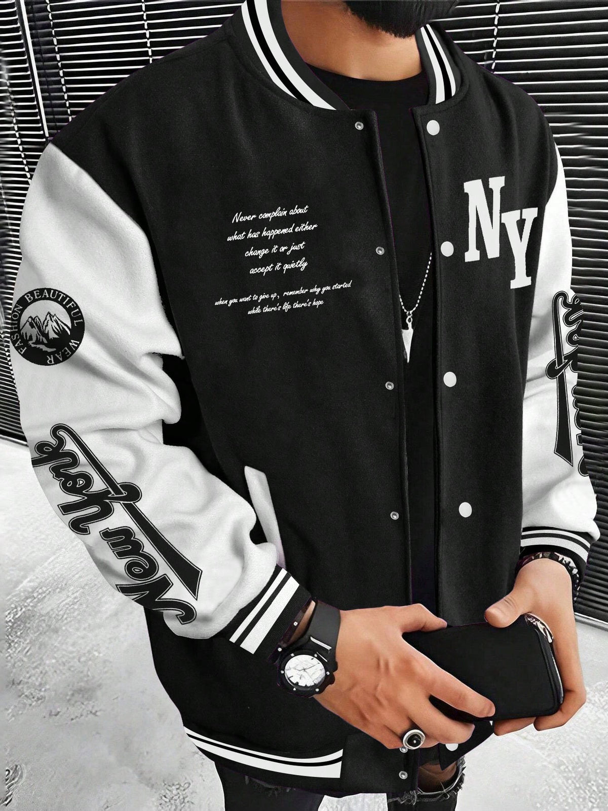 Manfinity Sporsity Men's Slogan Print Color Block Baseball Jacket