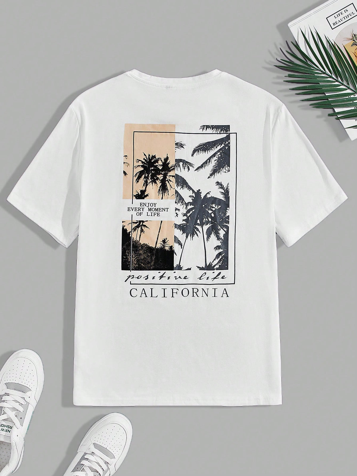 Manfinity RSRT Men Cotton Slogan & Palm Tree Print Tee