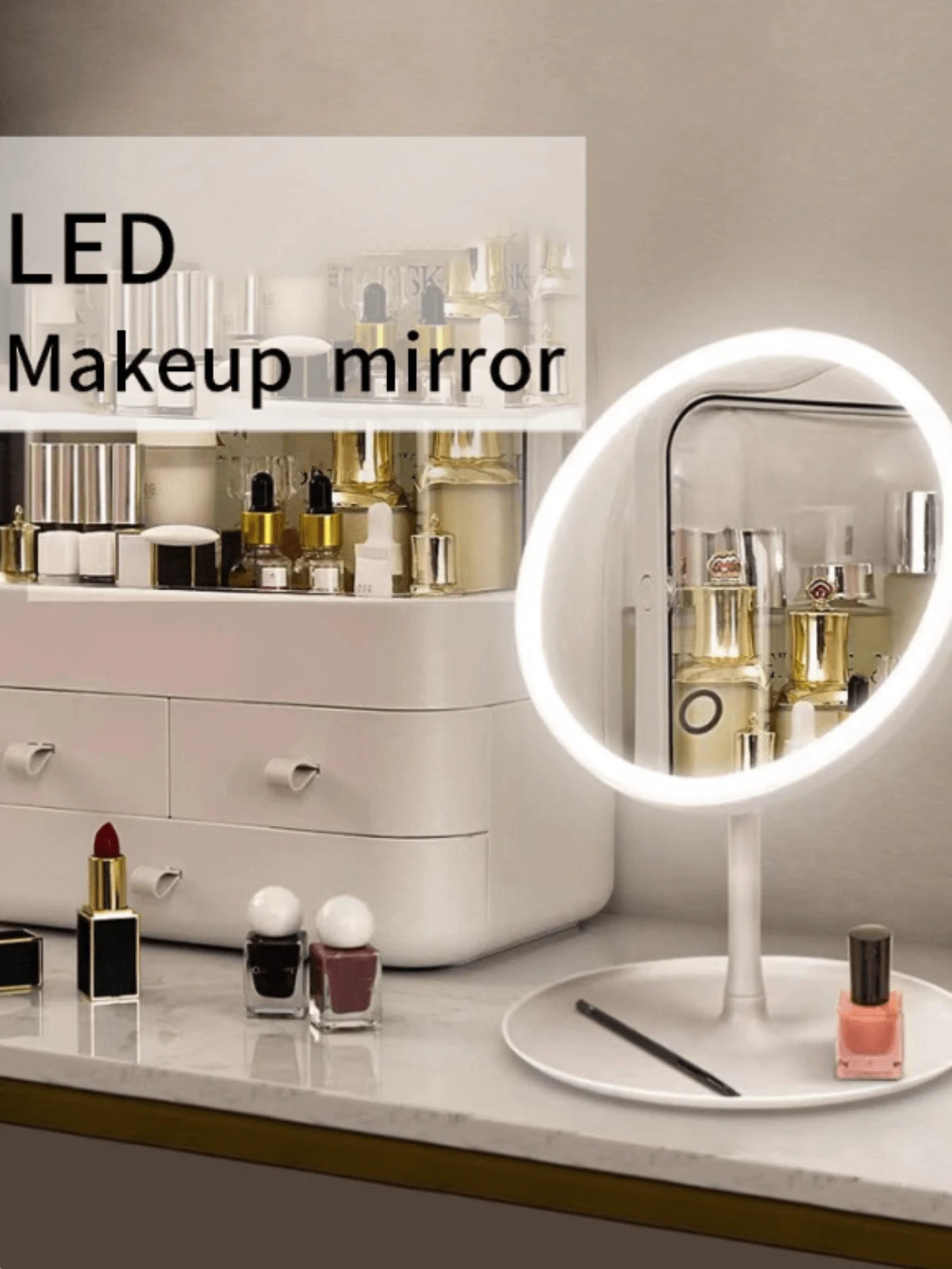 1pc ABS Vanity Light, Casual White Rechargeable Round Makeup Mirror Light For Household