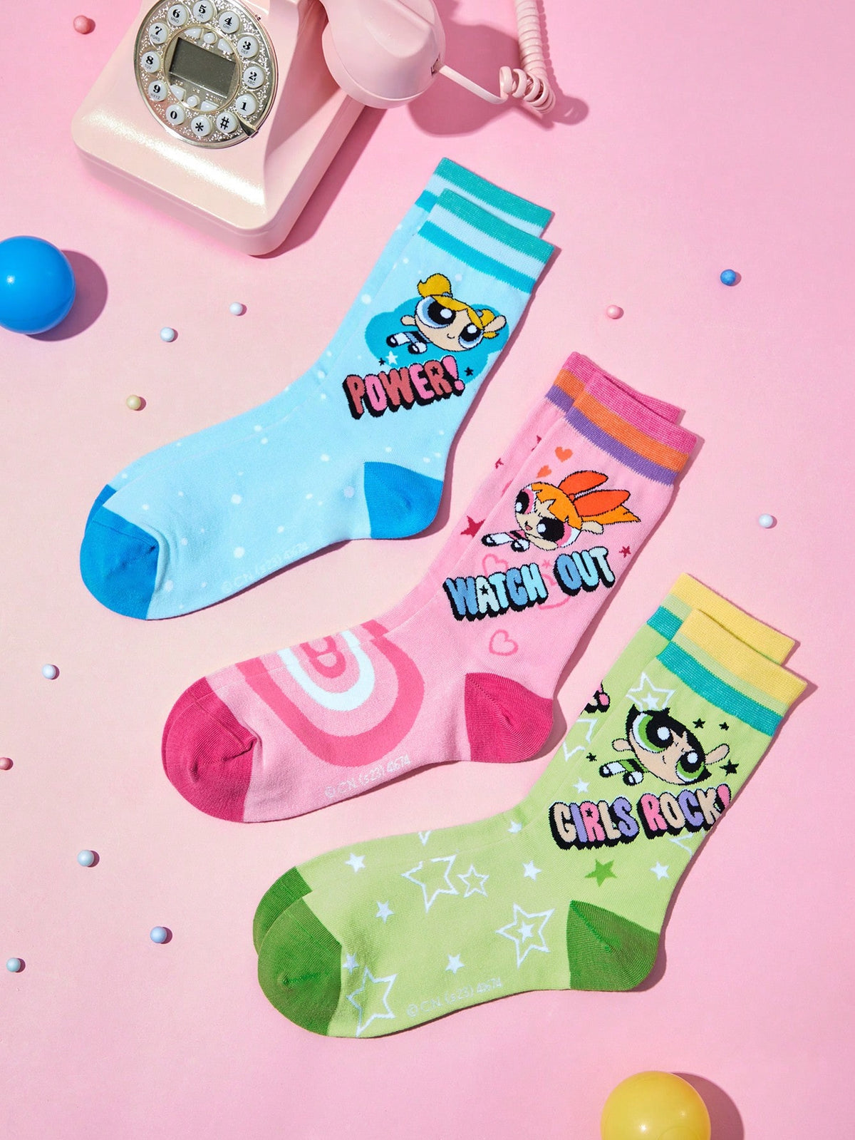 THE POWERPUFF GIRLS X SHEIN 3pairs Women Figure Graphic Crew Socks For Spring