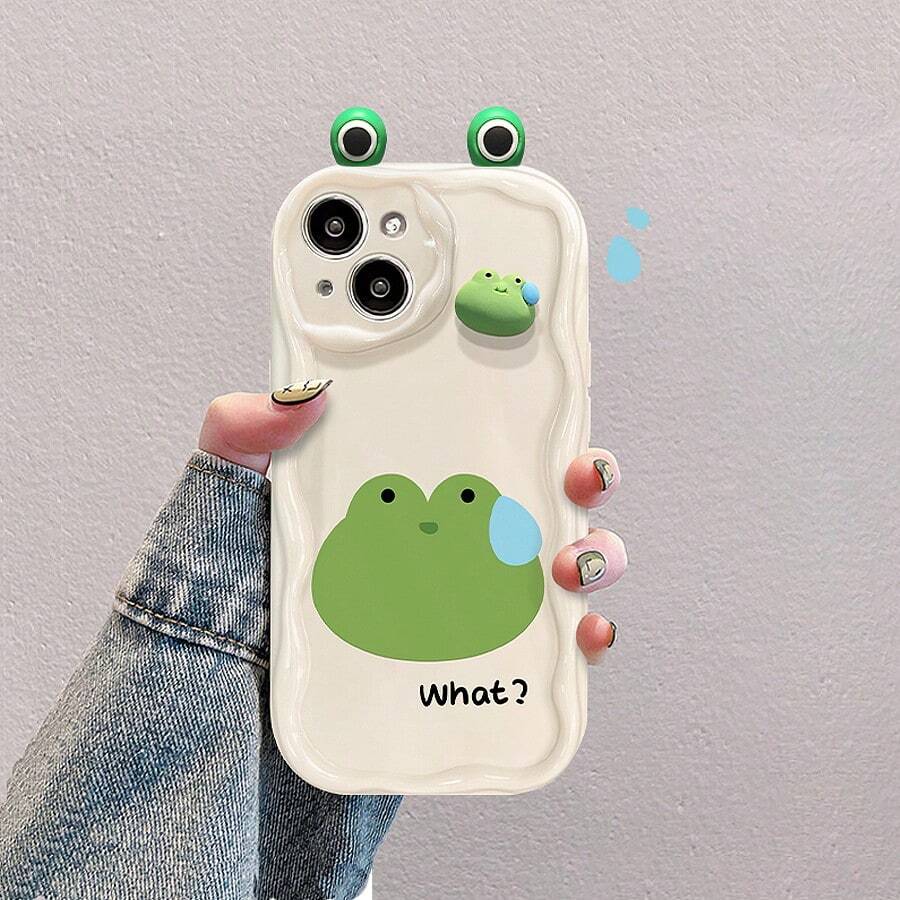 1pc Cartoon 3d Resin Frog Sticker White Tpu Soft Silicone Cream Case Compatible With IPhone