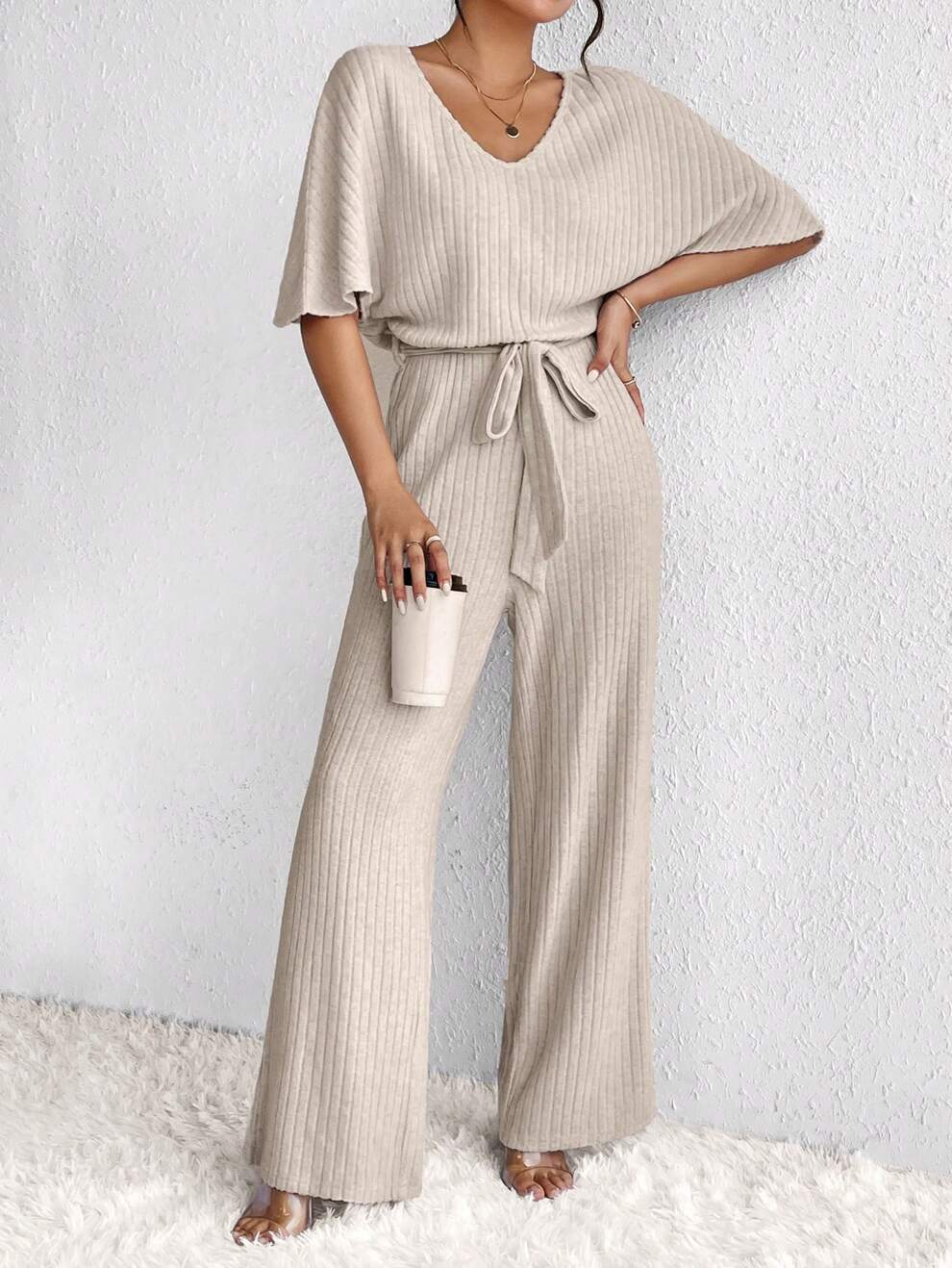 SHEIN Frenchy Women's Batwing Sleeve Belted Wide Leg Jumpsuit