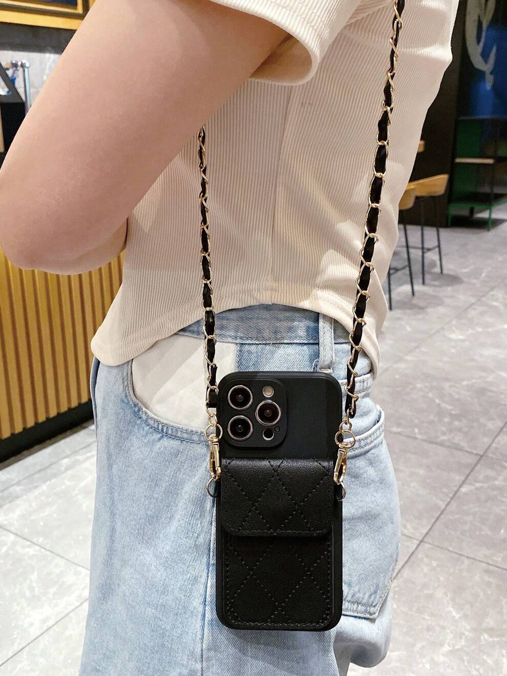 Crossbody 1pc Black Leather Card Wallet With Gold Chain Strap, Can Be Shoulder, Crossbody, Or Handheld Style. Compatible With Apple/Samsung/Xiaomi/Redmi/ Xiaomi/Vivo, Black Hard Edge Case.