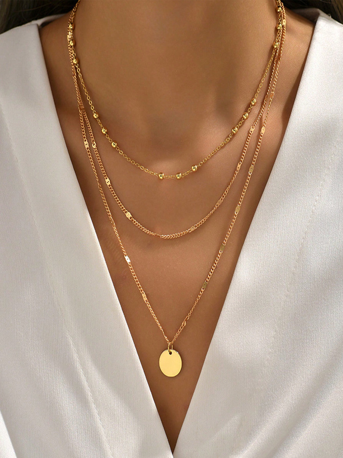 2pcs/set Fashionable Personality Circle Pendant Multi-layer Women's Chain Necklace & Simple Style Chain Necklace