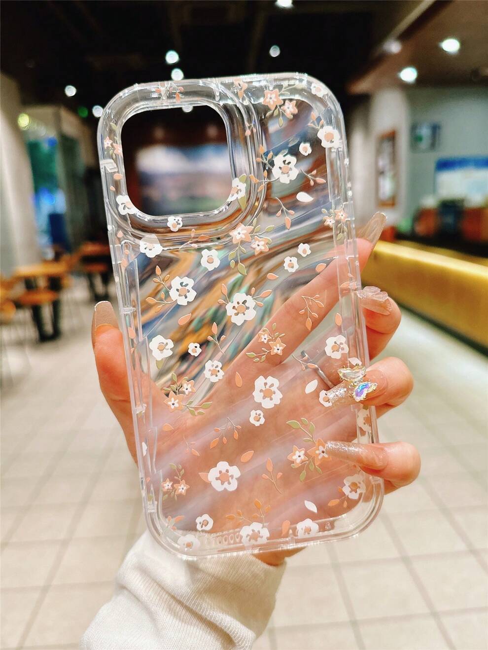 Transparent Creative Lens Protective Phone Case With Floral Print, Compatible With Apple Models