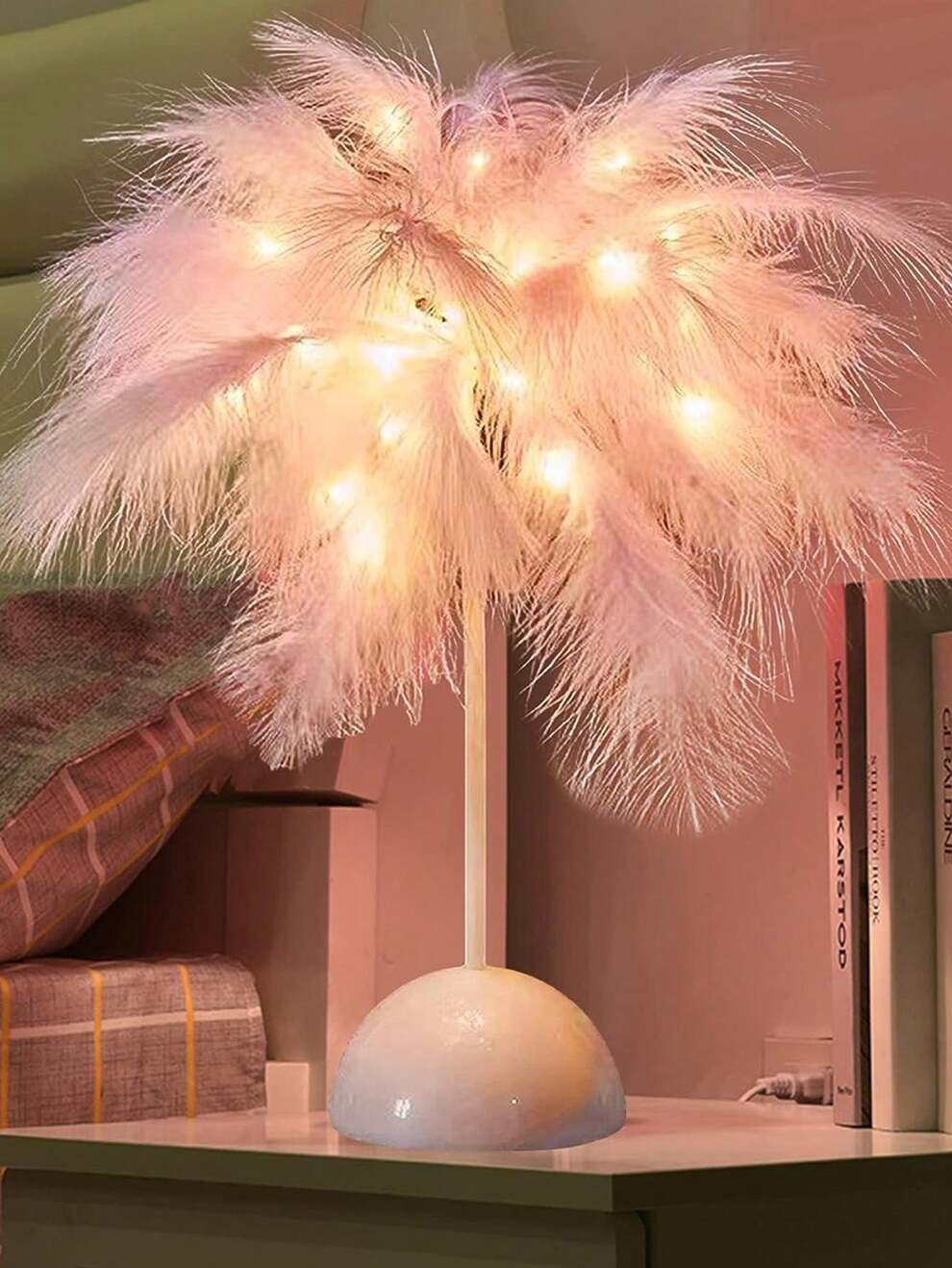 1pc Feather Table Lamp, Bedroom Internal Decorative Lamp Romantic Gift Birthday Lamp Feather Lamp Desk Night Light, Children's Birthday Gift Pink & White (without Battery)