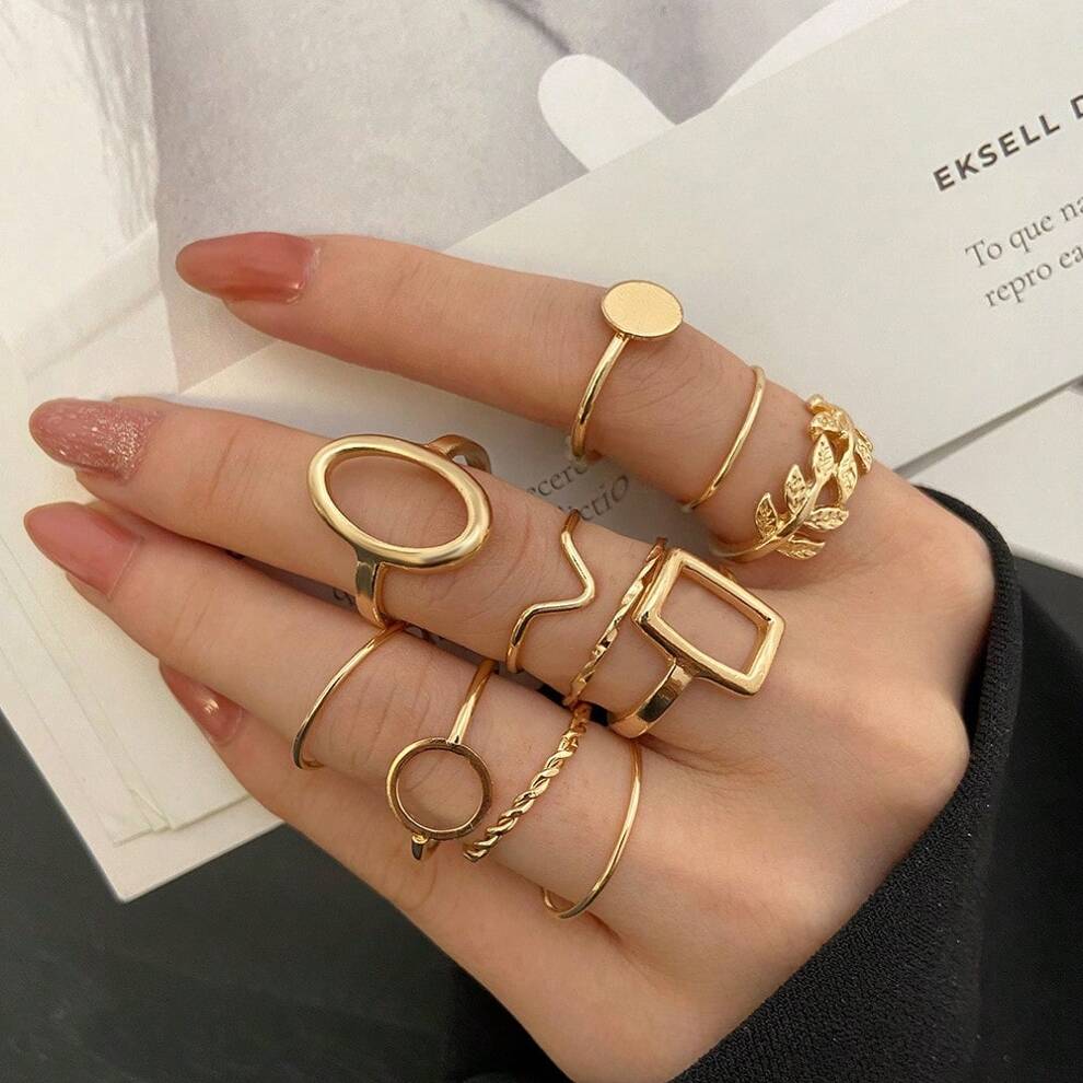 11pcs/set Gold-color Geometric Leaf Creative Design Ring Set, Suitable For Women's Daily Wear