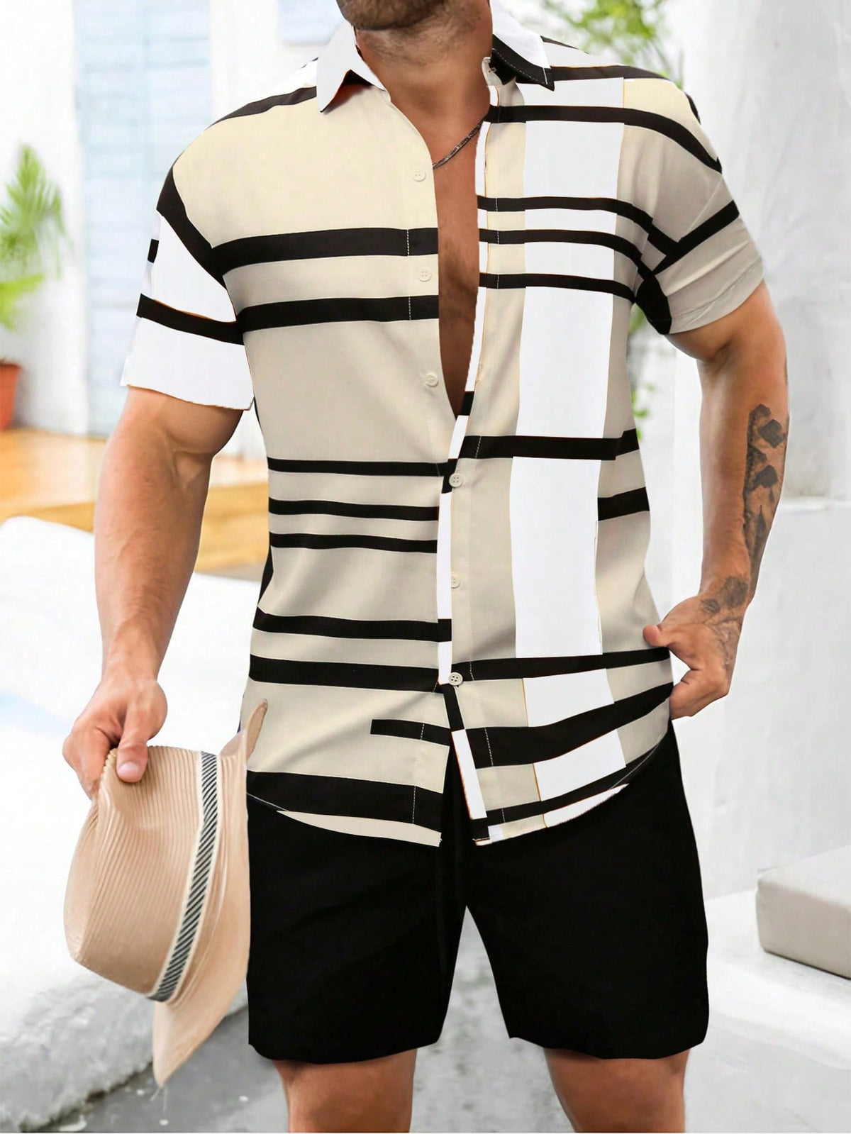 Manfinity Homme Men'S Stripe Short Sleeve Shirt And Shorts Set