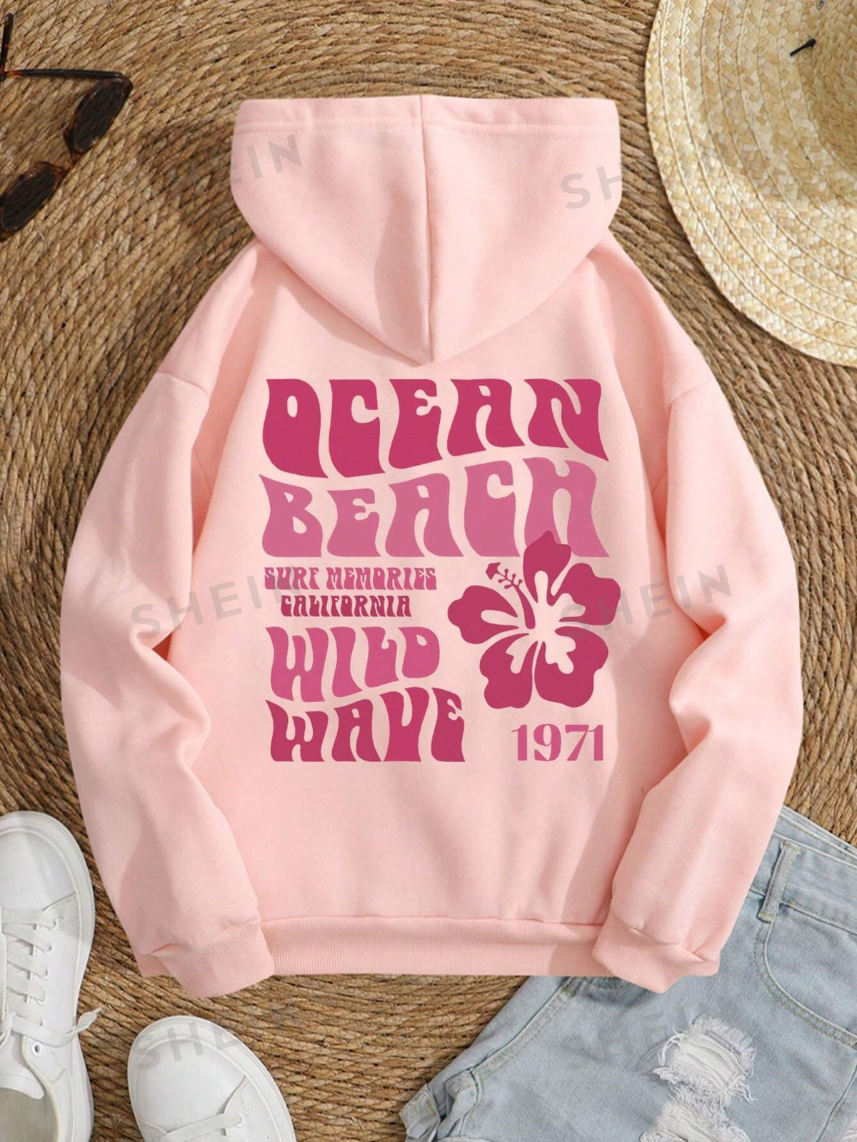 SHEIN EZwear Floral & Slogan Graphic Drawstring Thermal Lined Hoodie OCEAN BEACH SURF MEMORIES CALIFORNIA WILD WAVE 1971