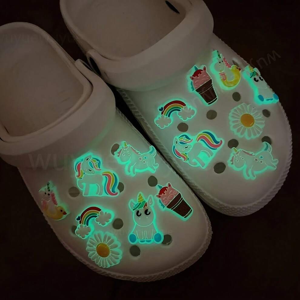 7pcs Luminous Rainbow & Unicorn Shoe Charms For Clog Sandals Shoes Decoration DIY Accessories PVC Cute Charms Glow In The Dark