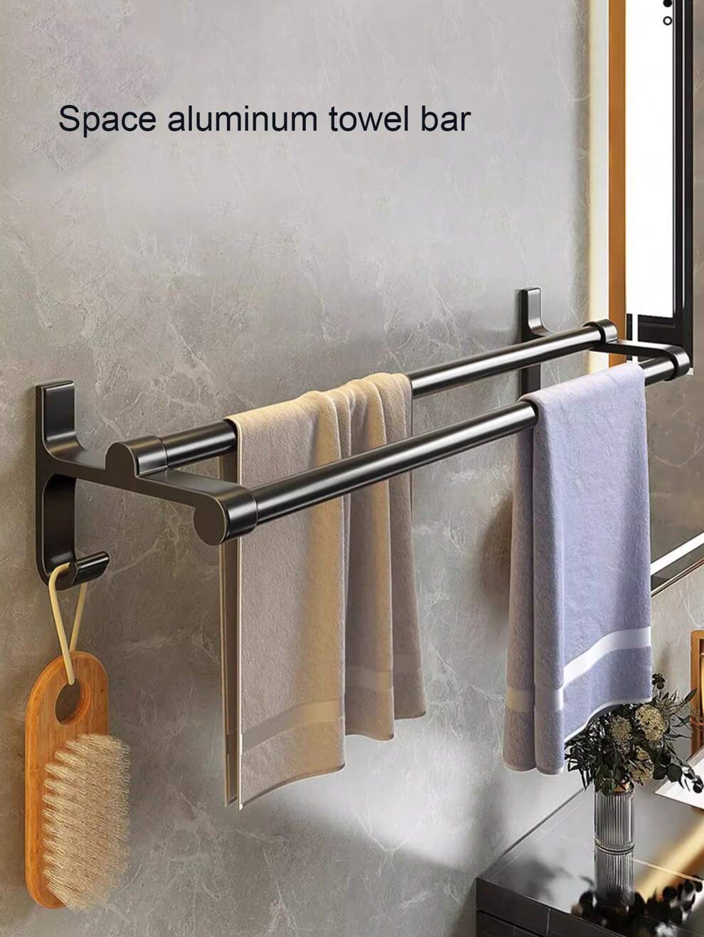 1pc Aluminum Alloy Towel Rack, Bathroom Without Punch Wall Hanging Rack, Toilet Hand Washing Room Storage Hanging Rack, Black Minimalist Style