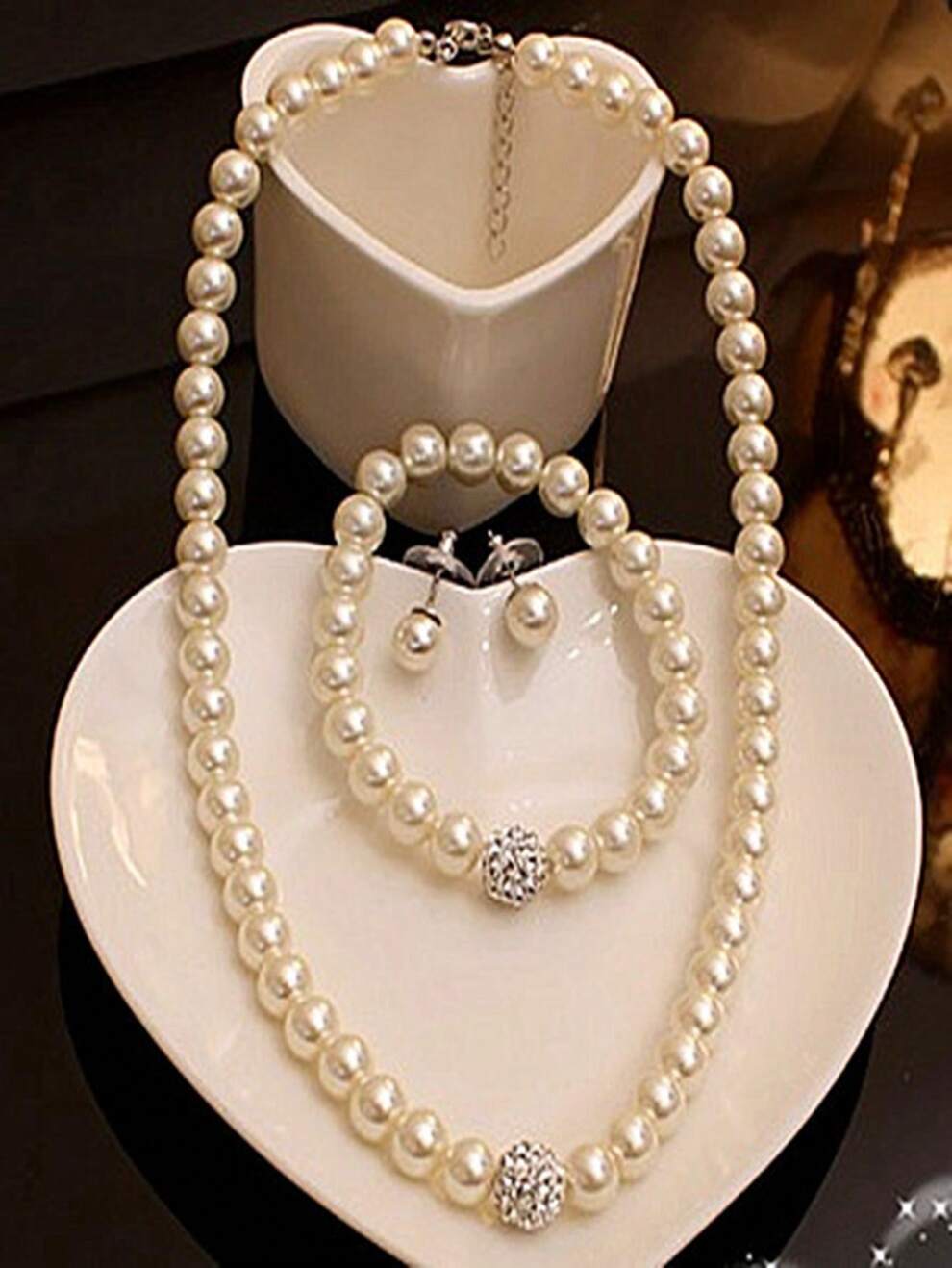 3pcs/Set Fashionable Faux Pearl & Rhinestone Embellished Necklace, Earrings And Bracelet Set For Wedding, Prom And Evening Party Attire