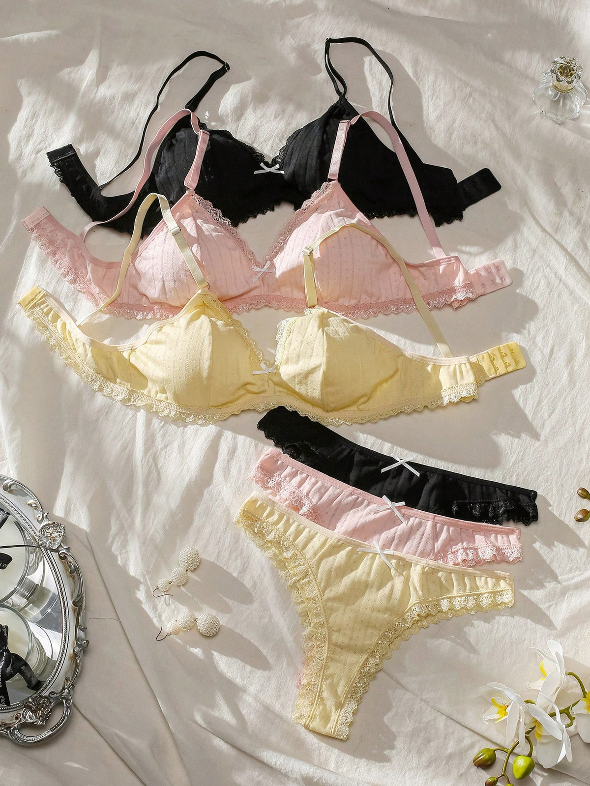 SHEIN 3set Lace Trim Lingerie Set, Bra & Panty Set