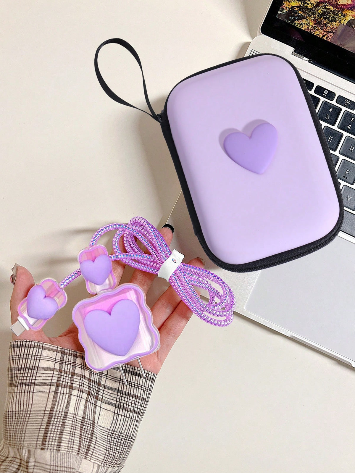 6pcs/Set Pink Heart Shaped Cable Organizer Bag & Earphone Case, Cartoon Cute Portable Data Cable Protector