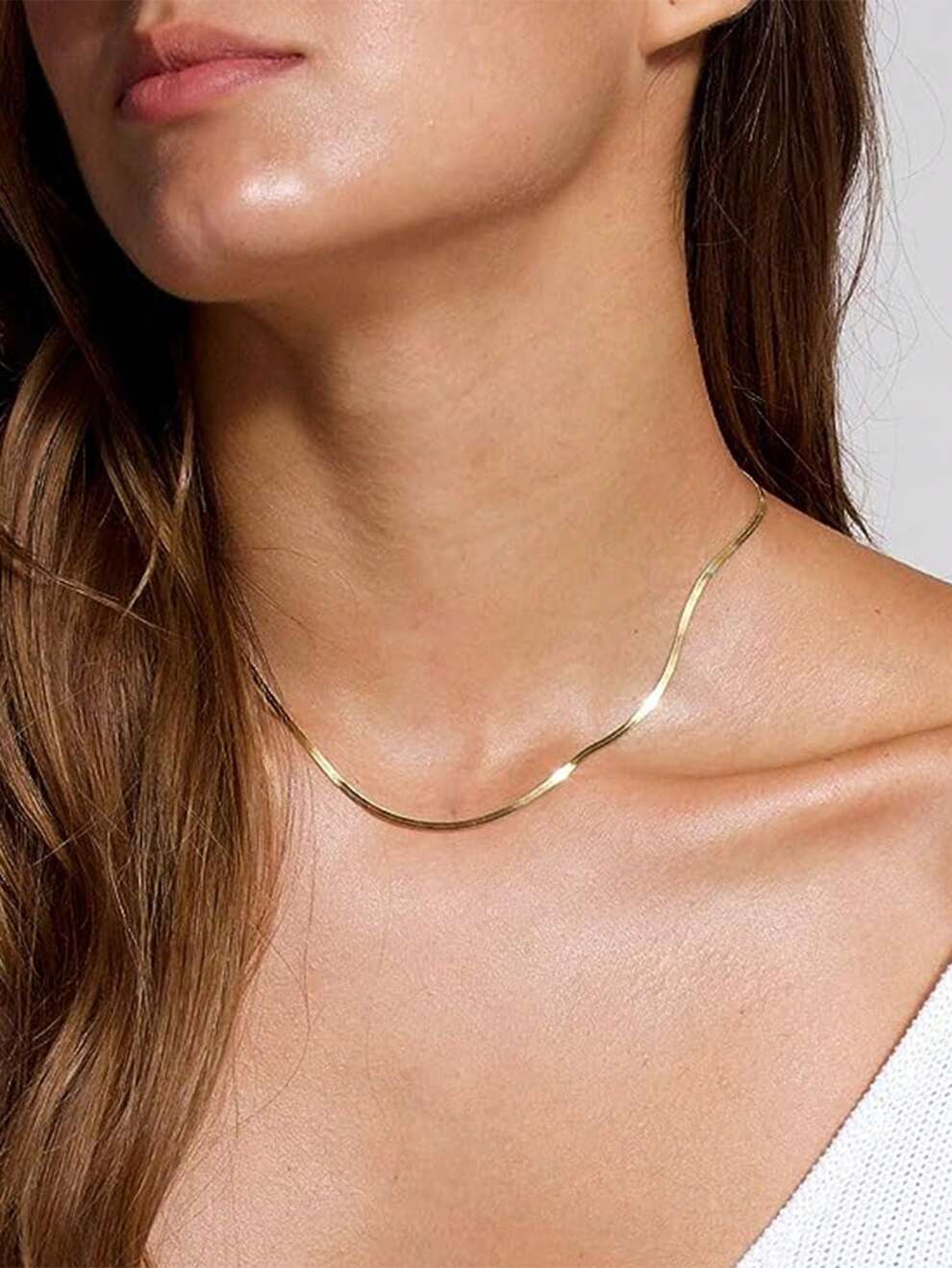 1pc Dainty Thin Gold Color Herringbone Necklace, Simple Stainless Steel Chain Necklaces For Women Trendy