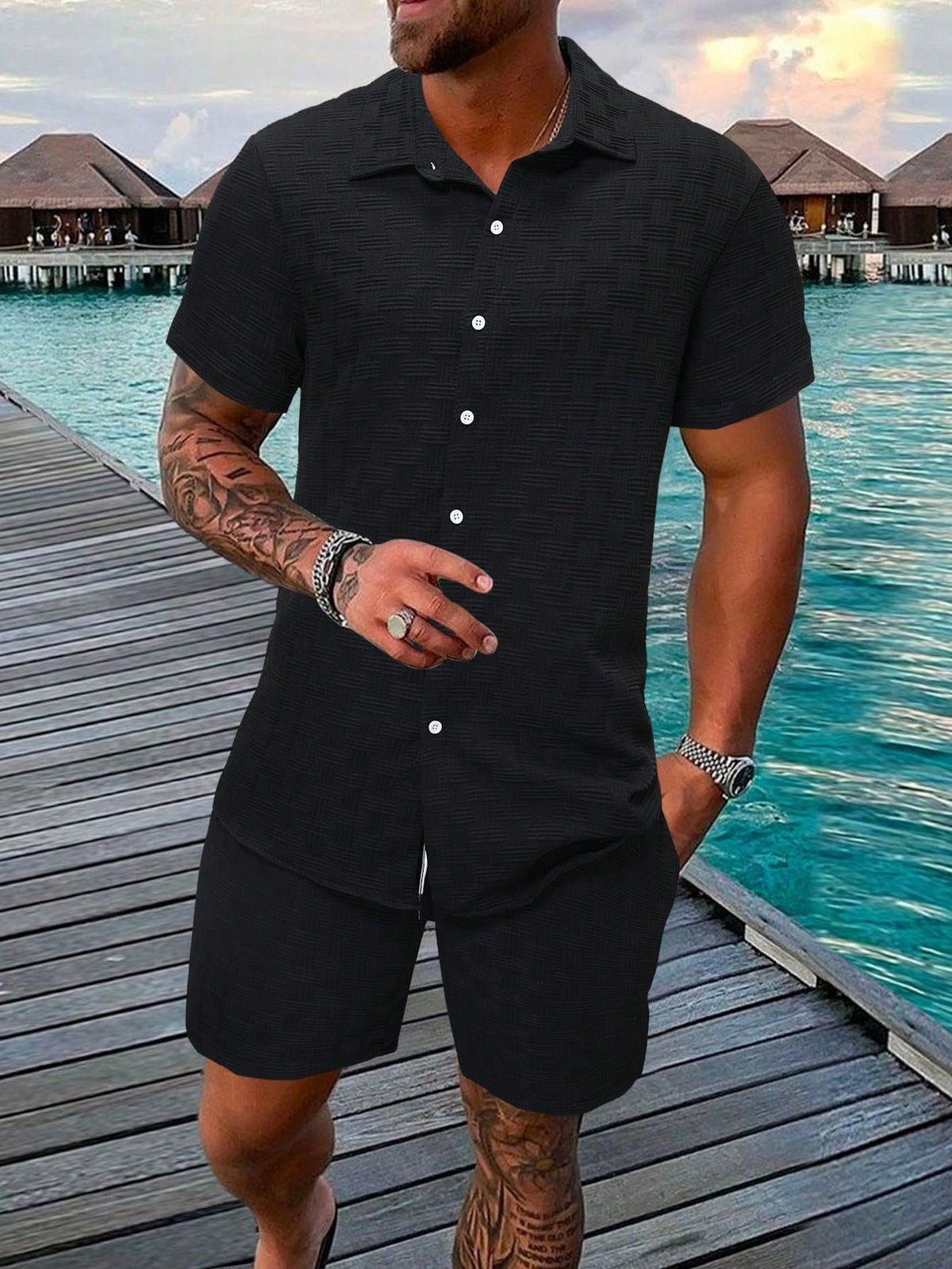 Manfinity Homme 2pcs Men's Basic Solid Color Button-Up Short Sleeve Shirt And Loose Casual Shorts Set