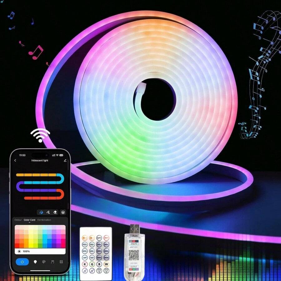 1pc Neon RGBIC Silicone Rope Light With Music Sync, LED Strip Light, Flexible Indoor/Outdoor DIY Design, Gaming & Bedroom Decorative Strip Light