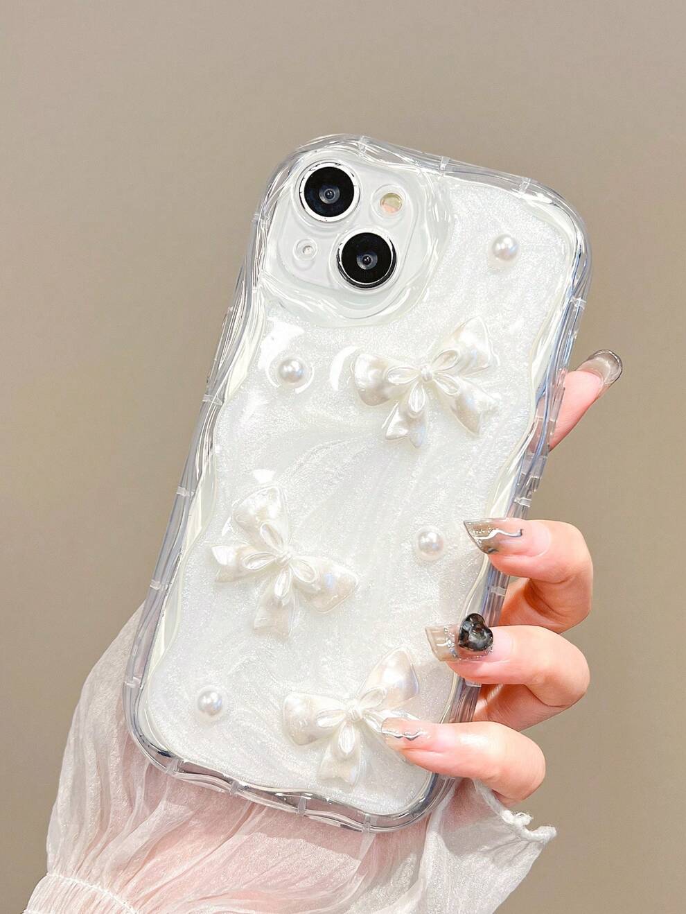 Cream-colored 3d Faux Pearl & Ribbon Bowknot Drop Liquid Phone Case Cover, Compatible With Apple Iphone, Anti-fall