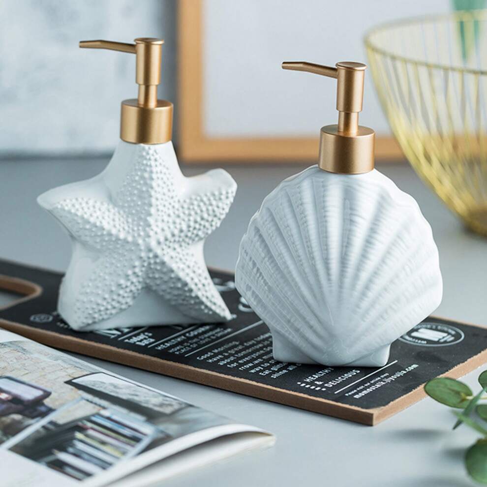 1Pc Elegant Coastal-Chic Ceramic Lotion Dispenser: Starfish & Shell Design With Golden Matte Pump - Enhance Your Bathroom Or Kitchen Decor, Freestanding & Electricity-Free