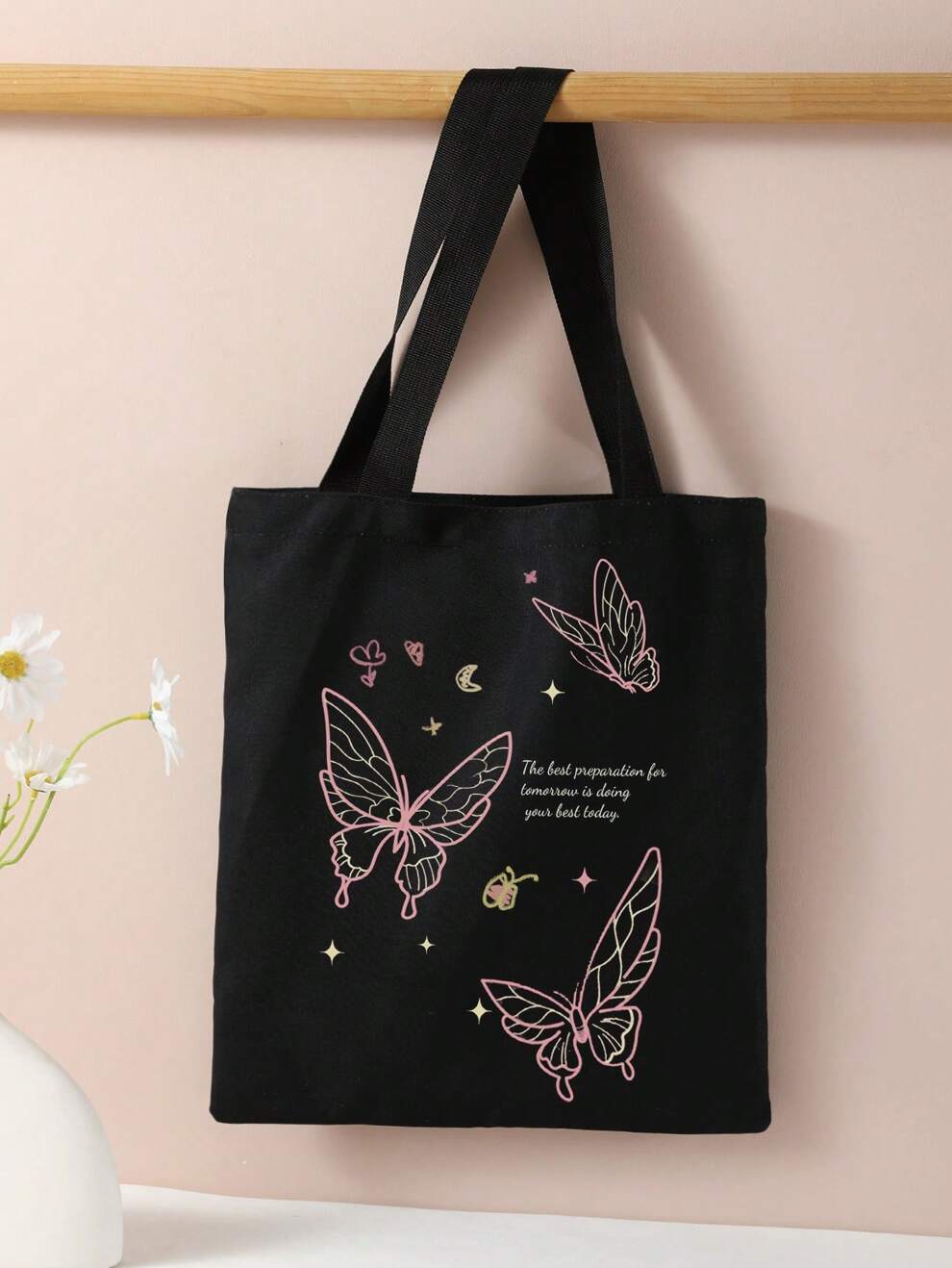 Hand-painted Butterfly & English Letter Double-sided Printed Shoulder Tote Bag