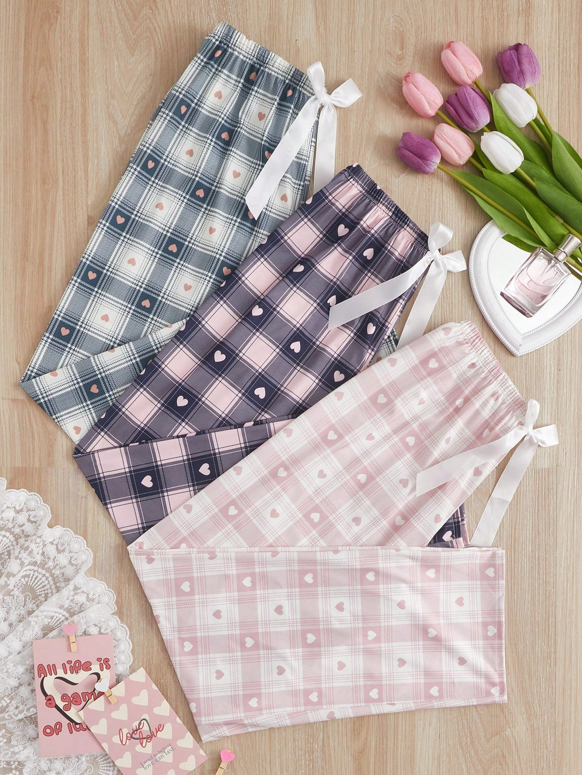 3pcs Plaid & Heart Print Bow Front Pajama Sleep Pants