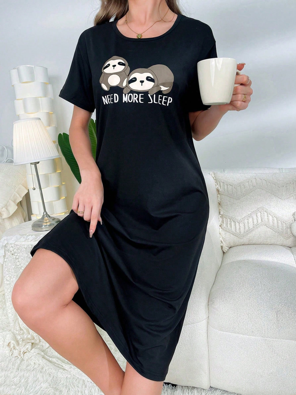 Cartoon Sloth Printed Sleep Dress Pajama Dress