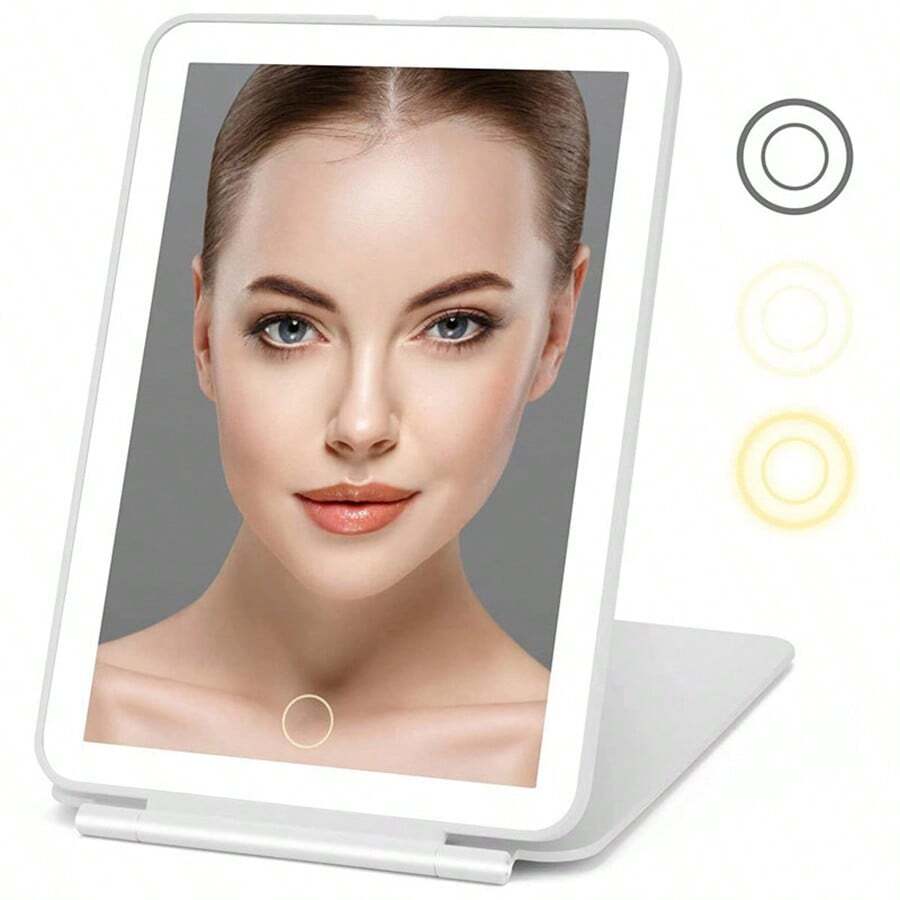 Christmas 1pc Led Lighted Foldable Makeup Mirror With Rechargeable Battery And Multiple Light Sources For Natural Makeup Effect, Home And Travel Gift For Touch Up And Lighting