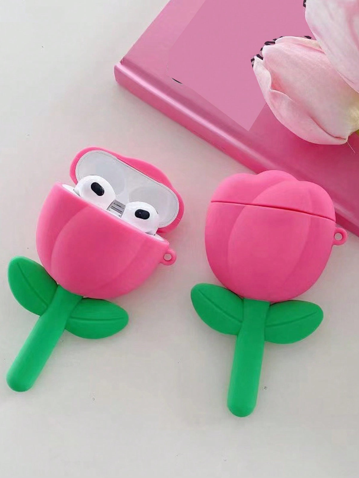 Summer Pink Rose Red Flower & Tulip Pattern Silicone Wireless Earphone Case Compatible With Apple Airpods 1st/2nd/Pro Kawaii