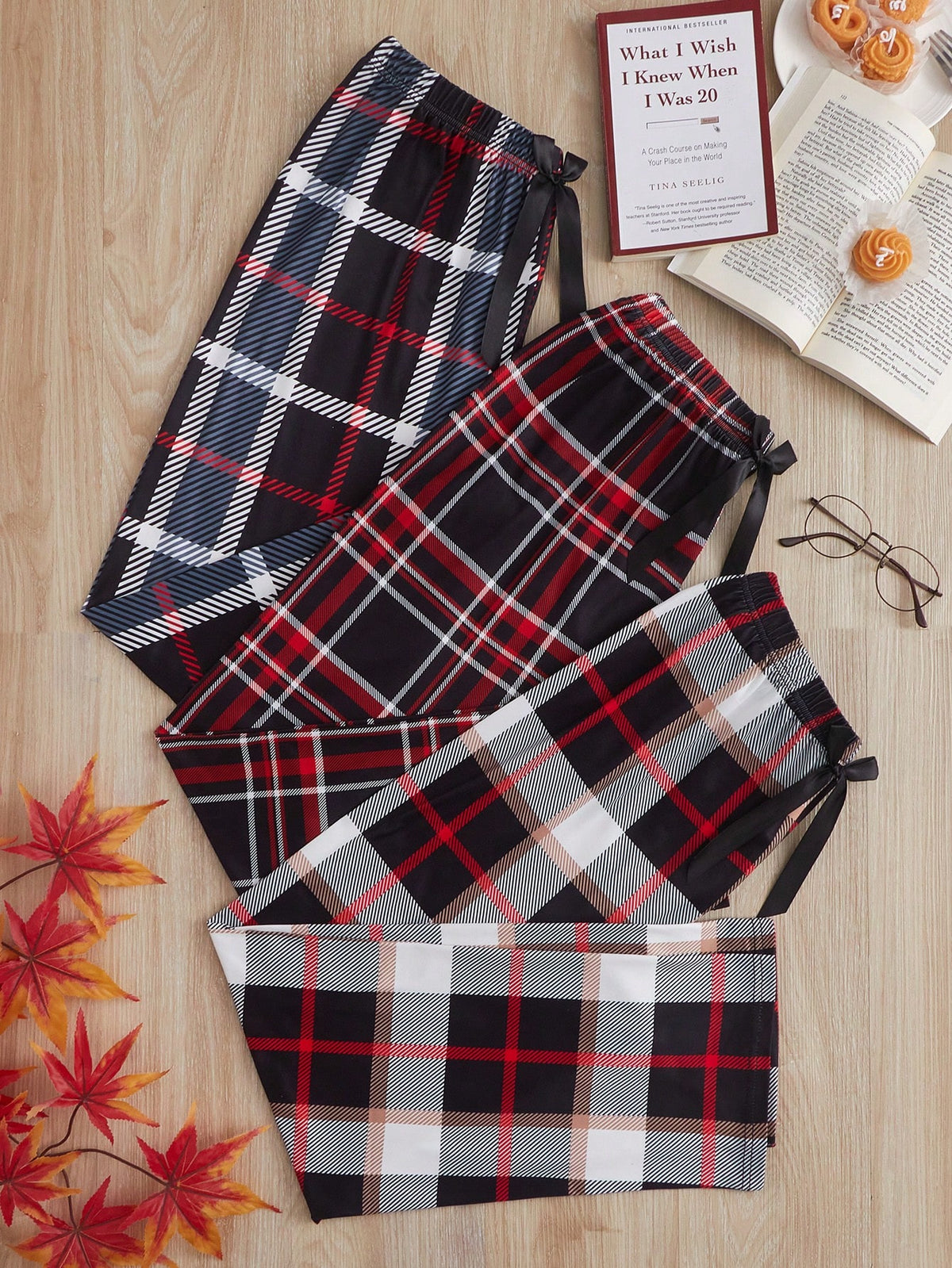 3pcs Plaid Print Bow Front Pajama Sleep Pants