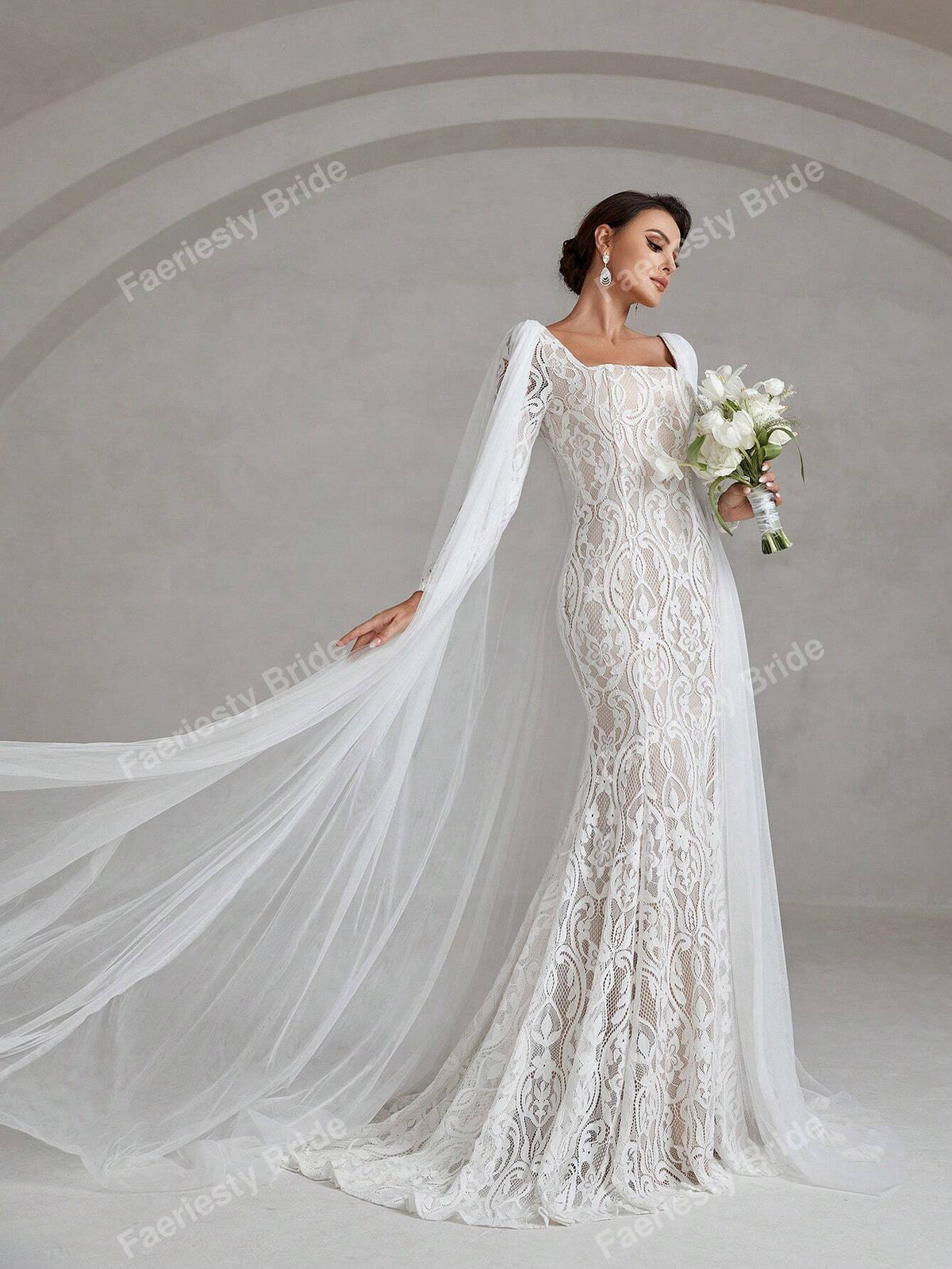 Square Neck Floor Length Lace Wedding Dress