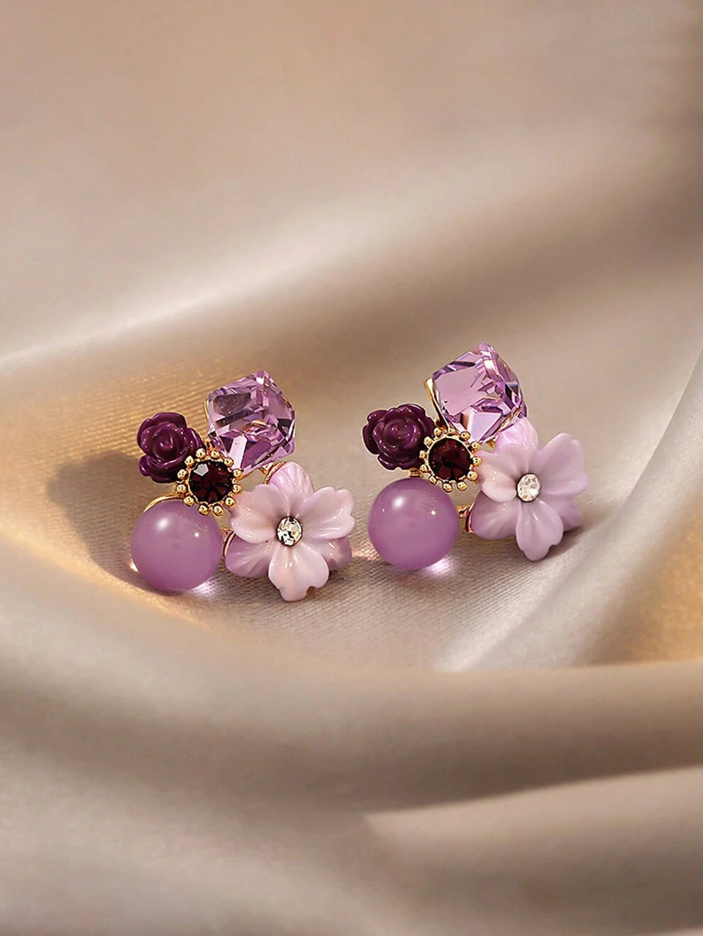 1pair Vintage Maple Leaf & Purple Crystal Flower Earrings, Elegant And Gentle Stud Earrings For Women