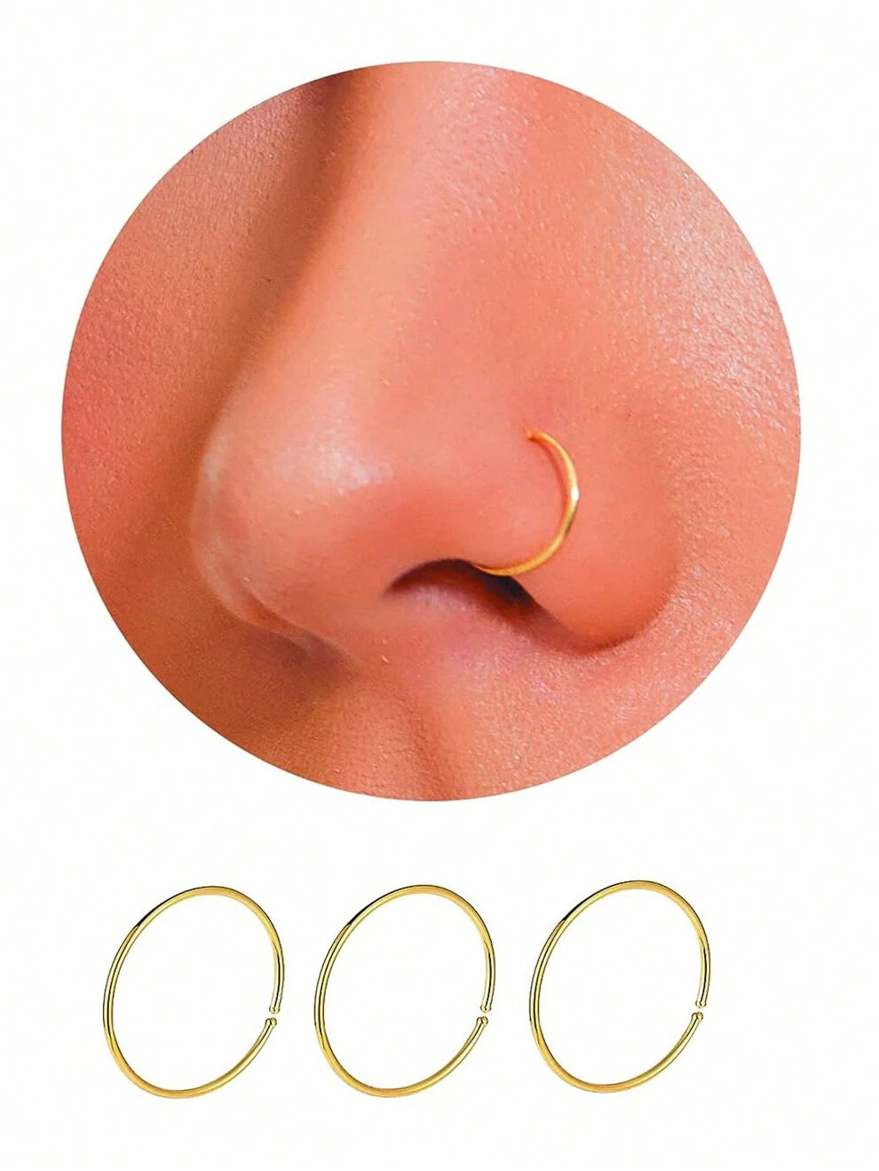 3Pcs 14K Gold Plated Nose Rings Hoops for Women/Men, 22 Gauge 8mm Small Thin Nose Piercing Jewelry,Tiny Septum Cartilage Helix Tragus Earrings Hoops