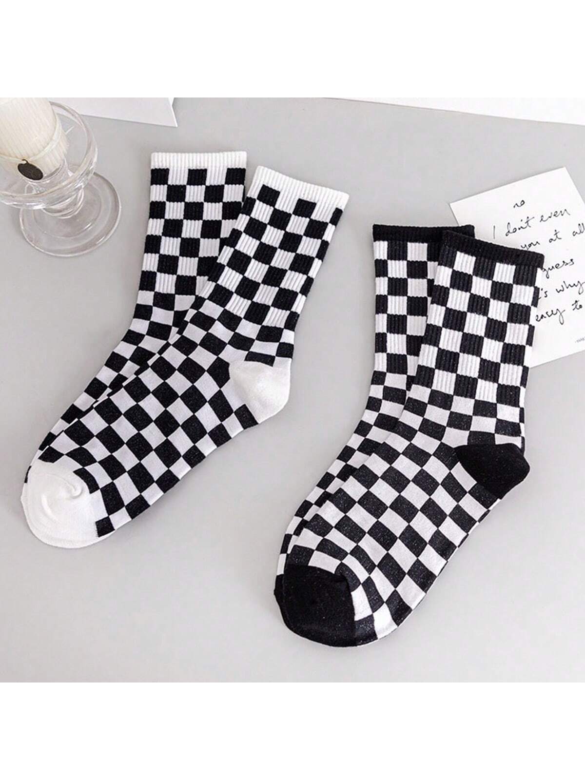 2 Pairs Black And White Checkered Mid-calf Socks