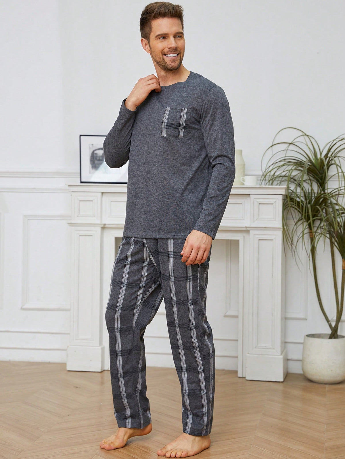 Men's Striped Patchwork Crew Neck Long Sleeve Top And Pocket Pants Casual Lounge Suit