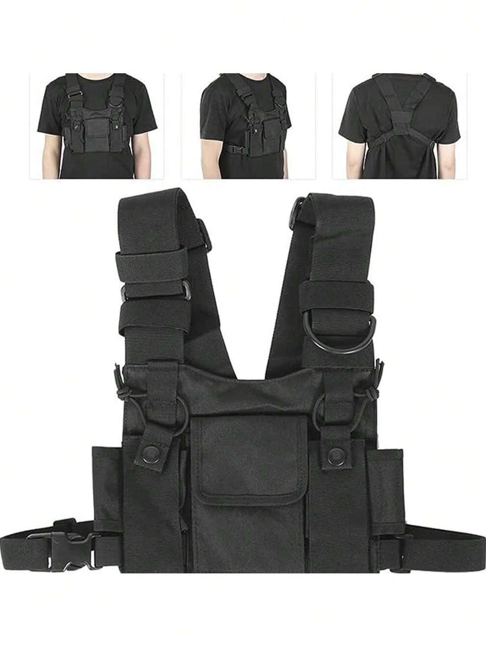 1Pc Black Oxford Cloth Multi-Pocket Chest Rig Bag Utility Vest Chest Bag For Men Hands Free Radio Front Pack Pouch Hip Hop Chest Pack Functional Harness For Running Exercise Hiking Camping Black Frida