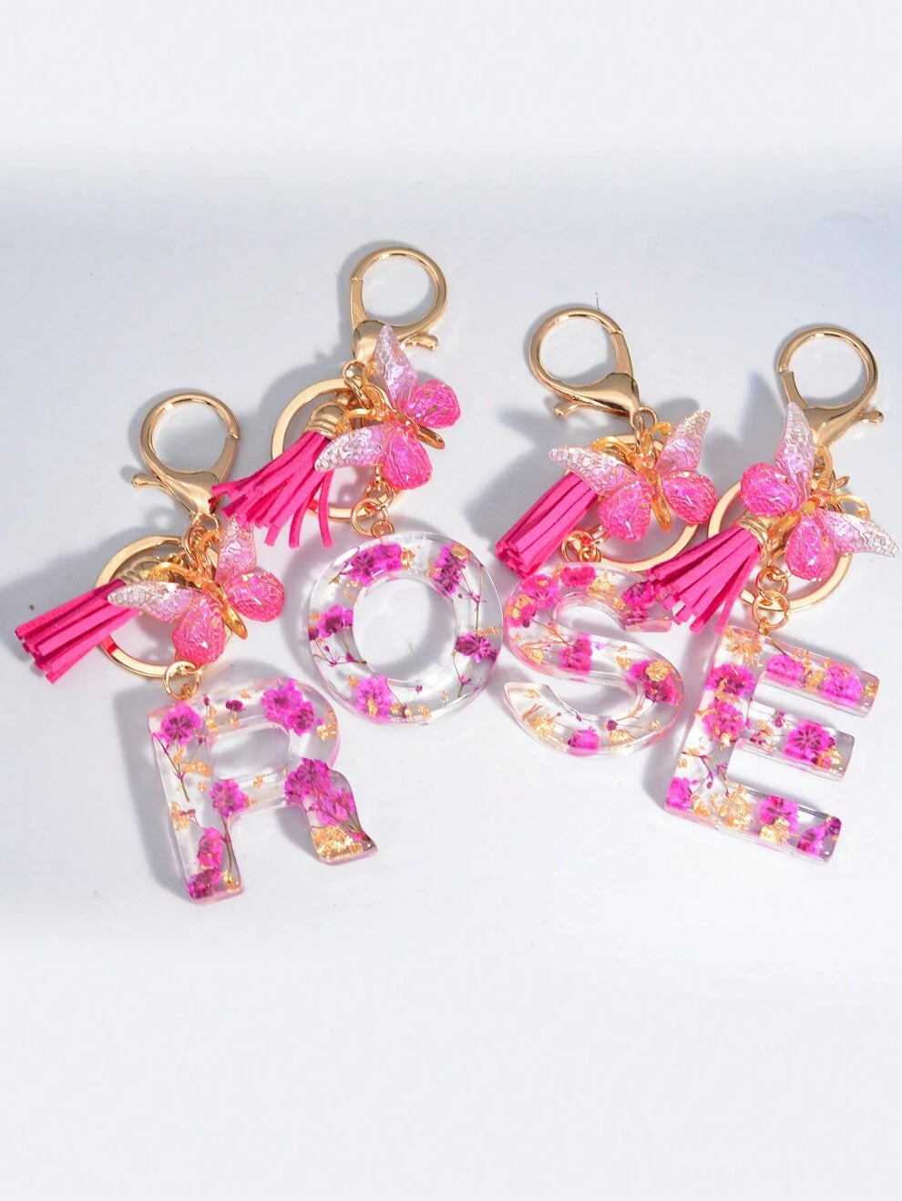 Elegant 1pc English Letter Keychain With Pink Rose Dried Flower & Butterfly Charm, Gift Idea