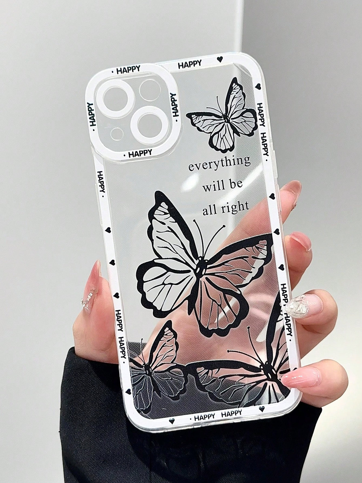 1pc Black Butterfly Decor Transparent Phone Case With Soft Clay Lanyard, Fits IPhone