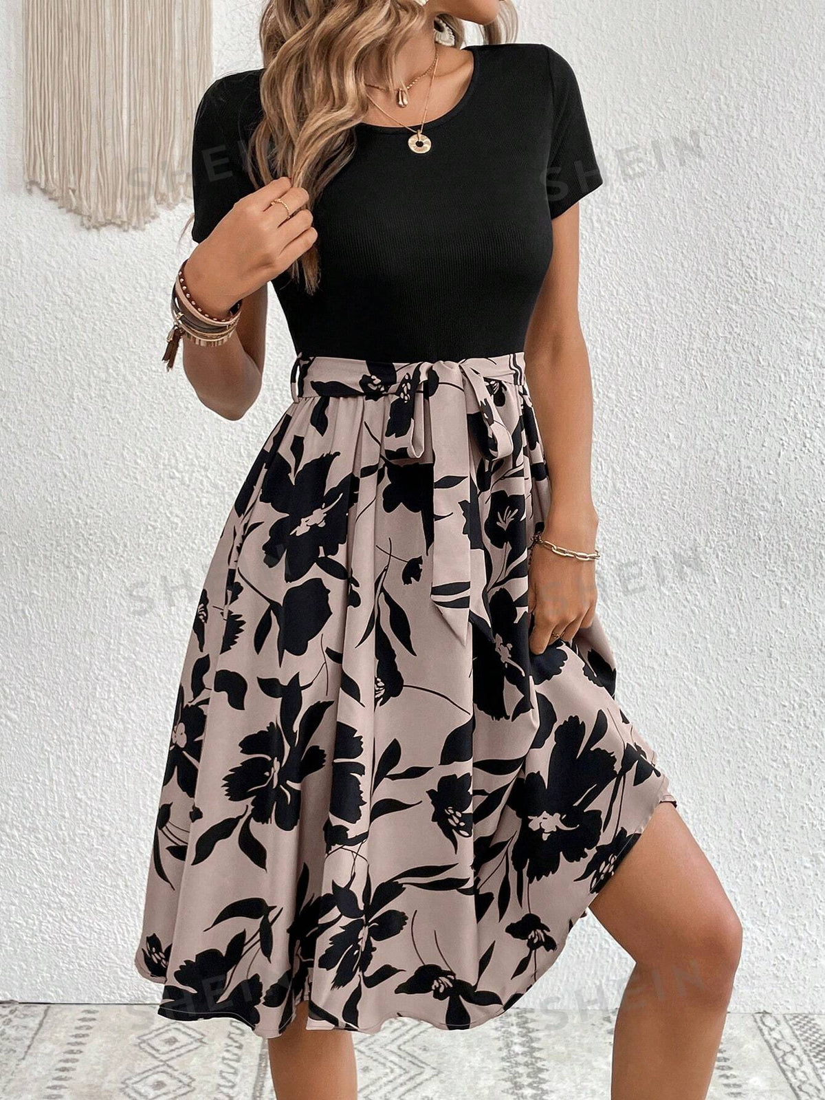 SHEIN Clasi Floral Print Belted Dress