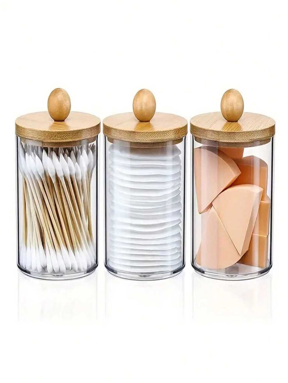 1pcs Clear Apothecary Qtip Storage Jar With Bamboo Lids, Vanity Makeup Organizer Storage Containers For Ball, Pads, Floss, Bathroom Accessories Set