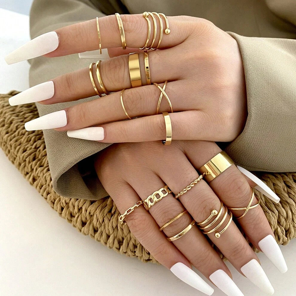 16pcs/set Vintage Minimalist Joint Finger Ring Set In Gold Color, Suitable For Various Occasions