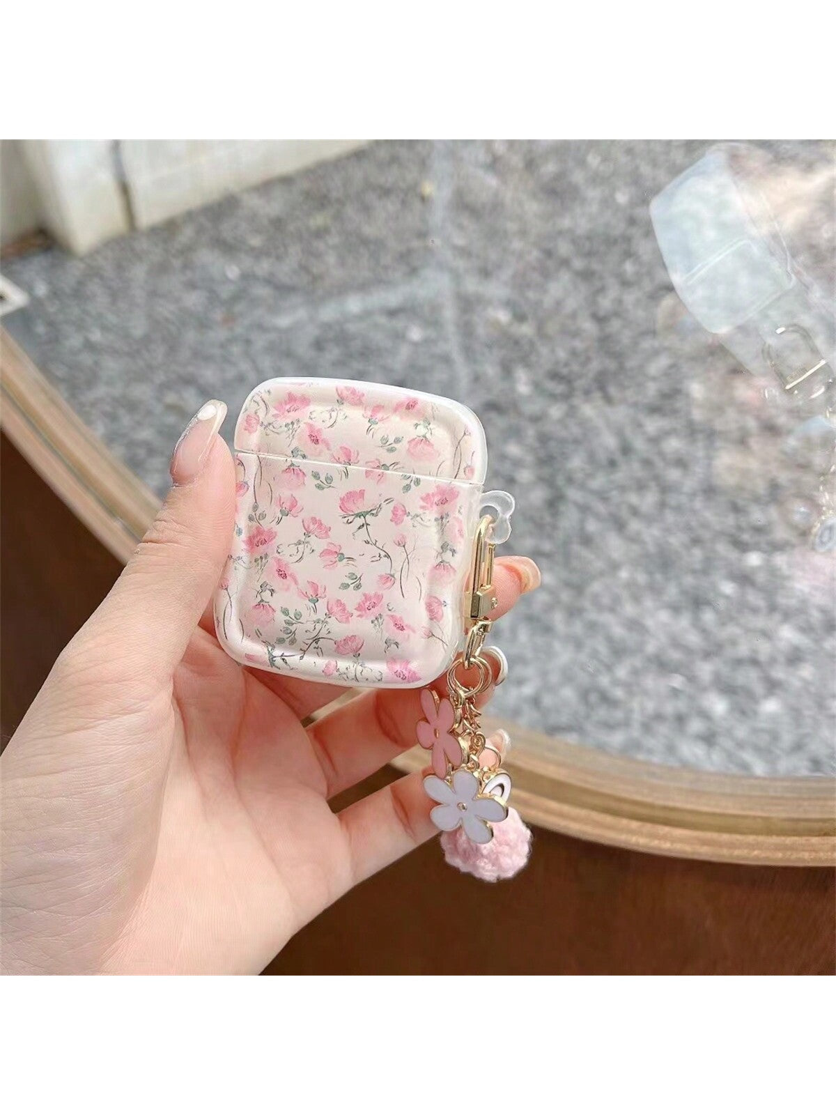 Fashionable Pink Floral Print Wave-edge Full-screen Earphone Case With Pendant, Compatible With Airpods1/2/airpods Pro/airpods 3/airpods Pro (2nd Generation), Earphones Not Included