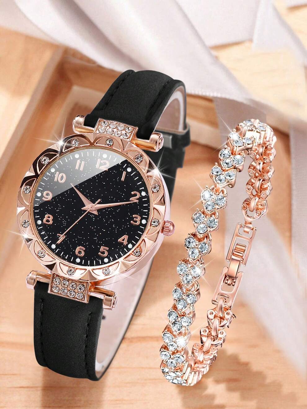 Women's Fashion Quartz Wristwatch With Rhinestone Inlay & Minimalist Dial, Together With Full Rhinestone Heart Shaped Bracelet Set (2pcs/Set) As A Gift For Students Returning To School