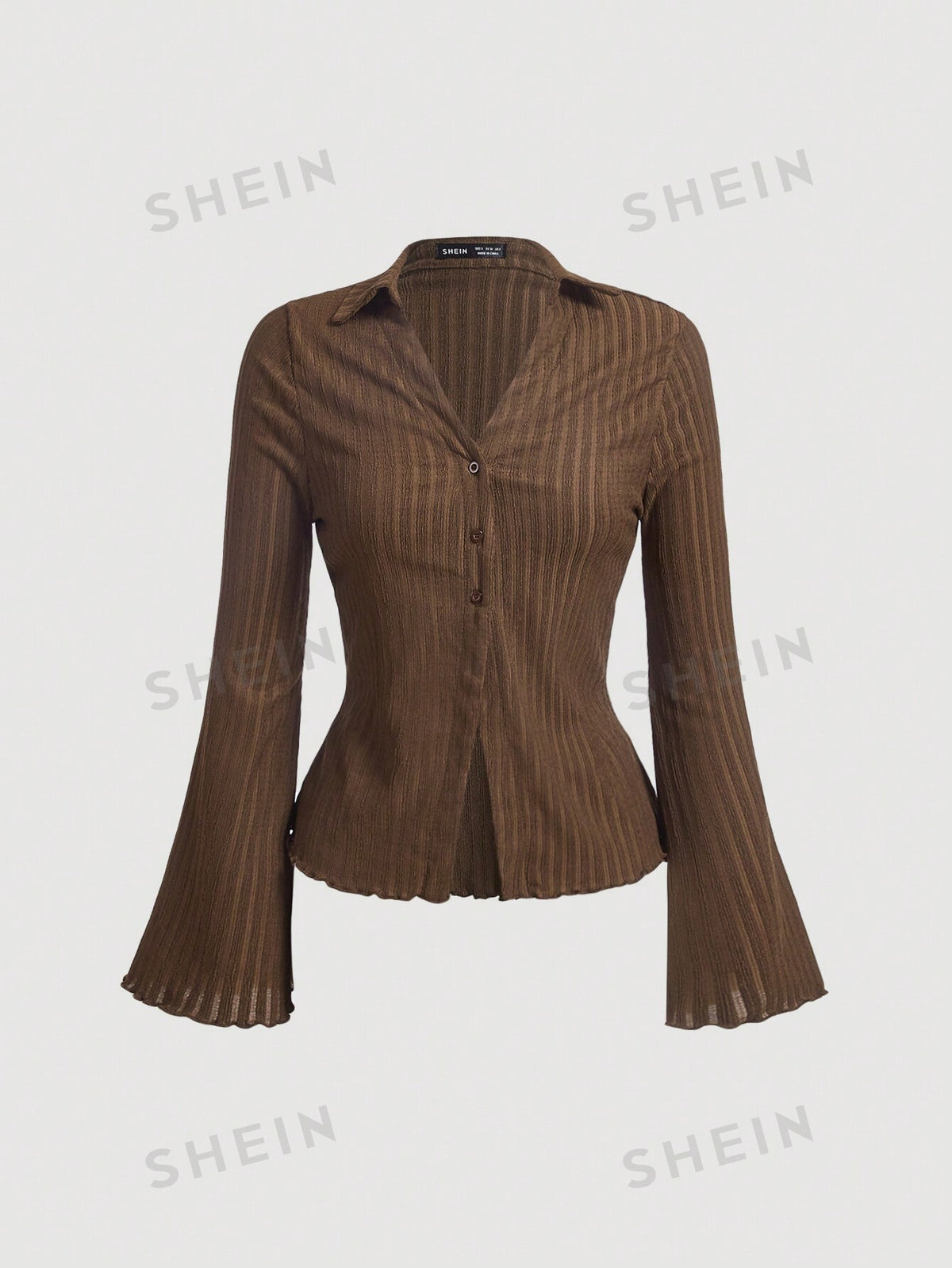 SHEIN x Deborah SHEIN MOD Brown Lettuce Trim Flare Sleeve Button Placket Tee Long Sleeve Women Shirts